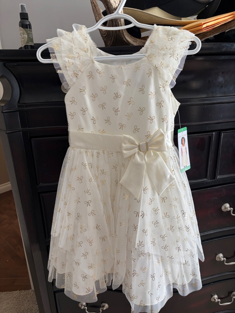 Girls Ivory and Gold Bow Tiered Party Dress